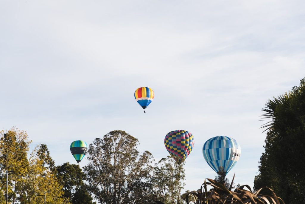 a group of hot air balloons flying Over Waikato